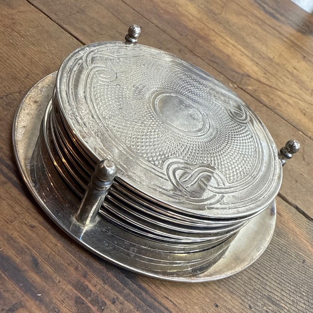 Vintage Etched Silverplate Set Of 6 Drink Coasters & Stand / Holder Barware